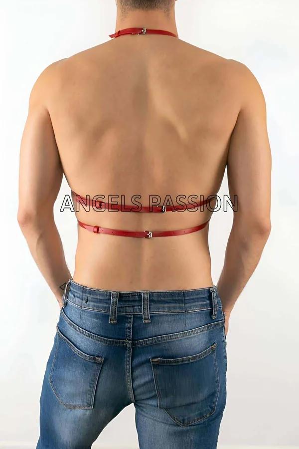 kırmızı suni deri erkek göğüs harness gümüş O-ring çapraz V-strap tasarımı