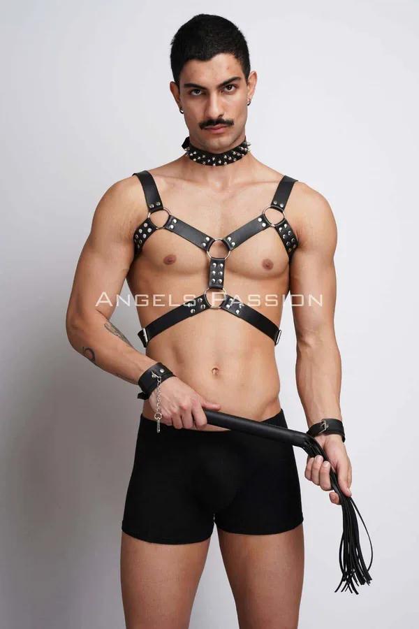 siyah vegan deri erkek harness takımı gümüş O-ring çivili choker bileklik ve kırbaç aksesuarı