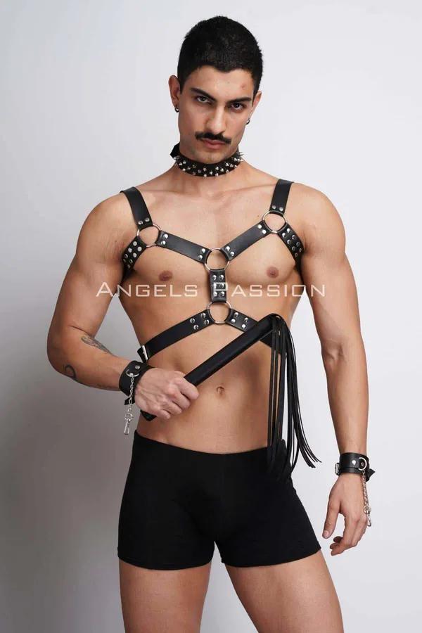 siyah vegan deri erkek harness takımı gümüş O-ring çivili choker bileklik ve kırbaç aksesuarı