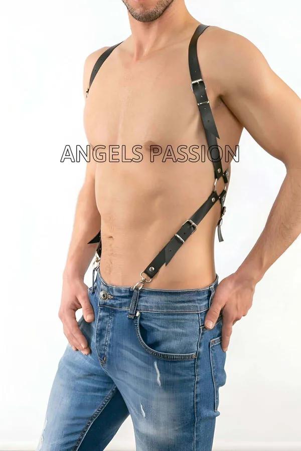 siyah suni deri erkek harness asimetrik çapraz kayış gümüş metal toka ve D-halka aksesuar