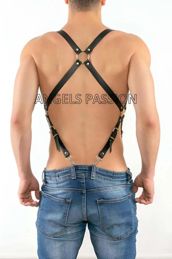 siyah suni deri erkek harness asimetrik çapraz kayış gümüş metal toka ve D-halka aksesuar