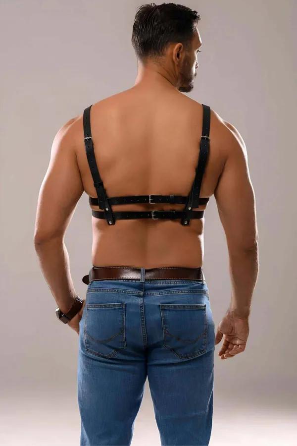 siyah vegan deri erkek göğüs harness gümüş perçinli çapraz omuz askısı çift göğüs bandı