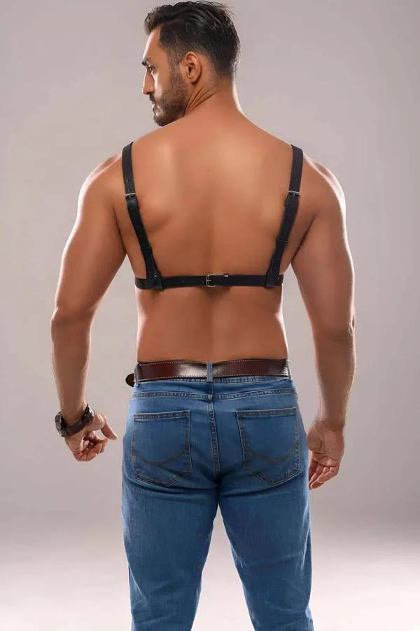 siyah vegan deri erkek göğüs harness çapraz X kayış tasarımı 3 adet mat metal O-ring