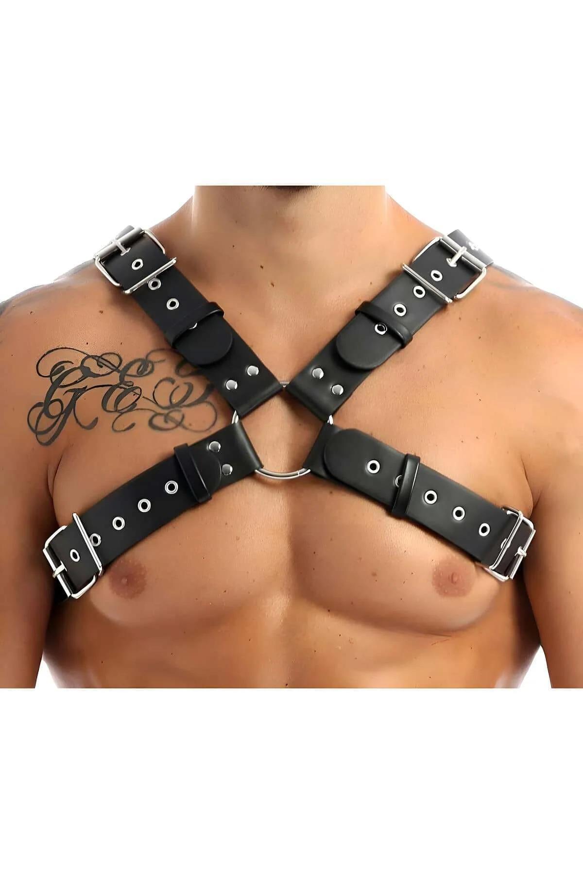 siyah vegan deri erkek göğüs harness X çapraz bantlı gümüş toka ve O-ring