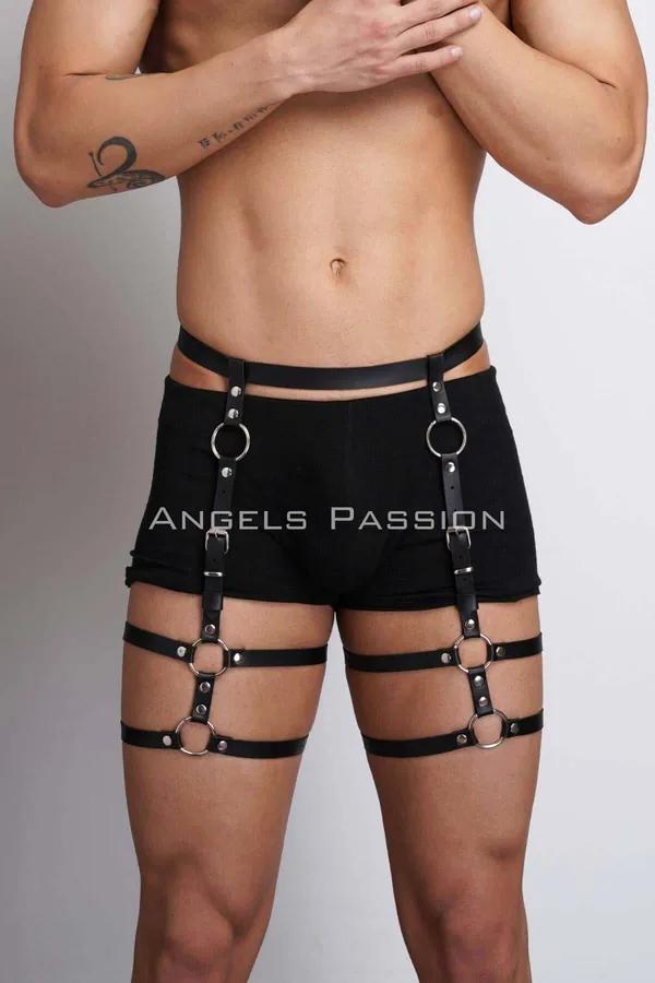 Siyah vegan deri erkek bacak harness bel ve uyluk O-ring gümüş perçin kot üzeri aksesuar