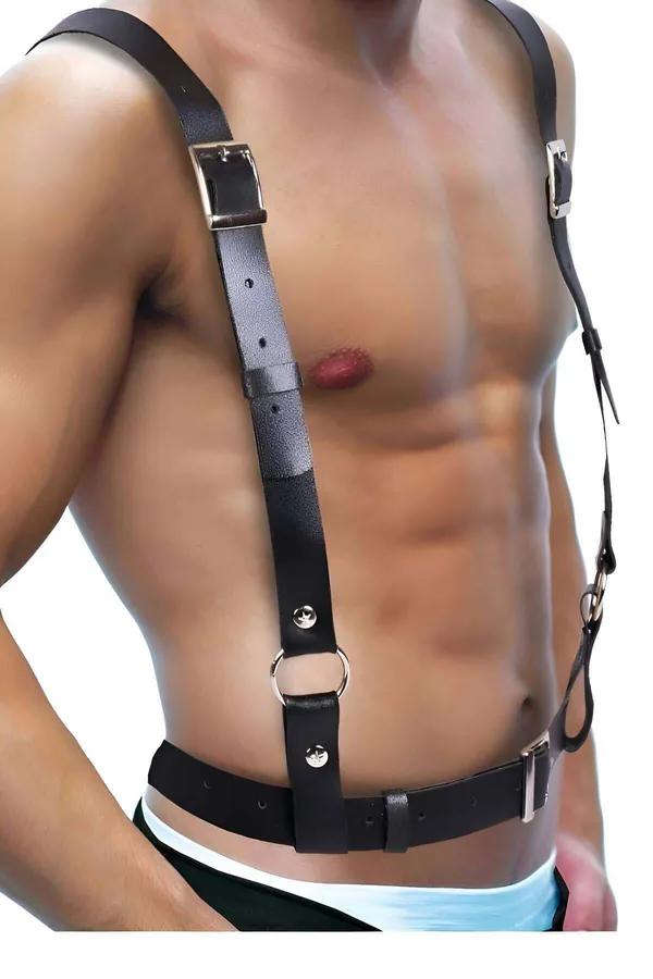 siyah vegan deri erkek harness gümüş dikdörtgen toka ve O-halka çapraz göğüs şerit tasarımı