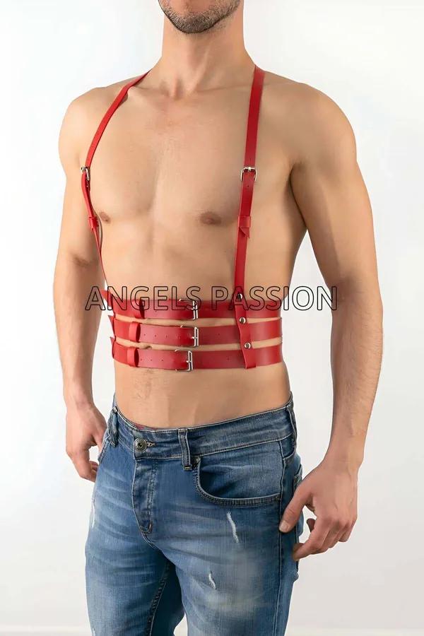 kırmızı suni deri erkek vücut harness 4 bantlı bel kafesi gümüş tokalı omuz kayışı