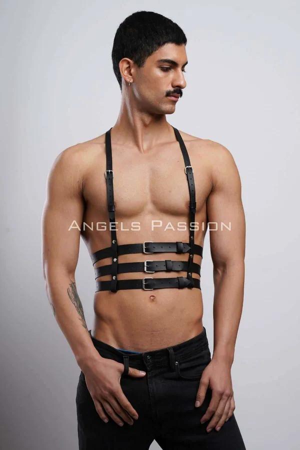 siyah vegan deri erkek harness üç yatay bel bandı ve gümüş toka detayı techno clubwear