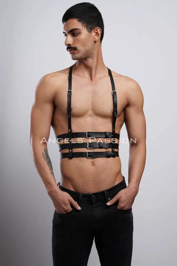 siyah vegan deri erkek harness üç yatay bel bandı ve gümüş toka detayı techno clubwear