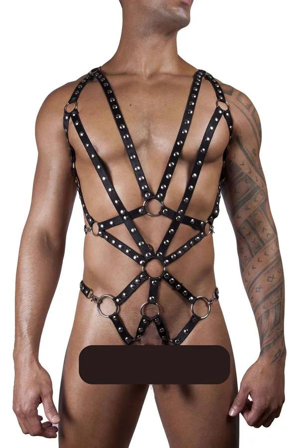 siyah vegan deri erkek body harness göğüs ve bel çapraz şerit gümüş perçin O-ring detay