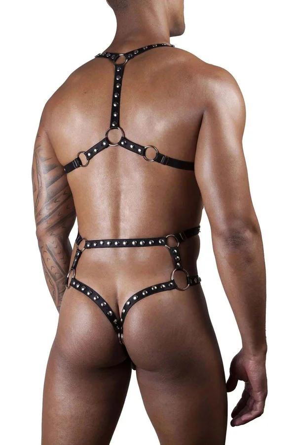 siyah vegan deri erkek body harness göğüs ve bel çapraz şerit gümüş perçin O-ring detay