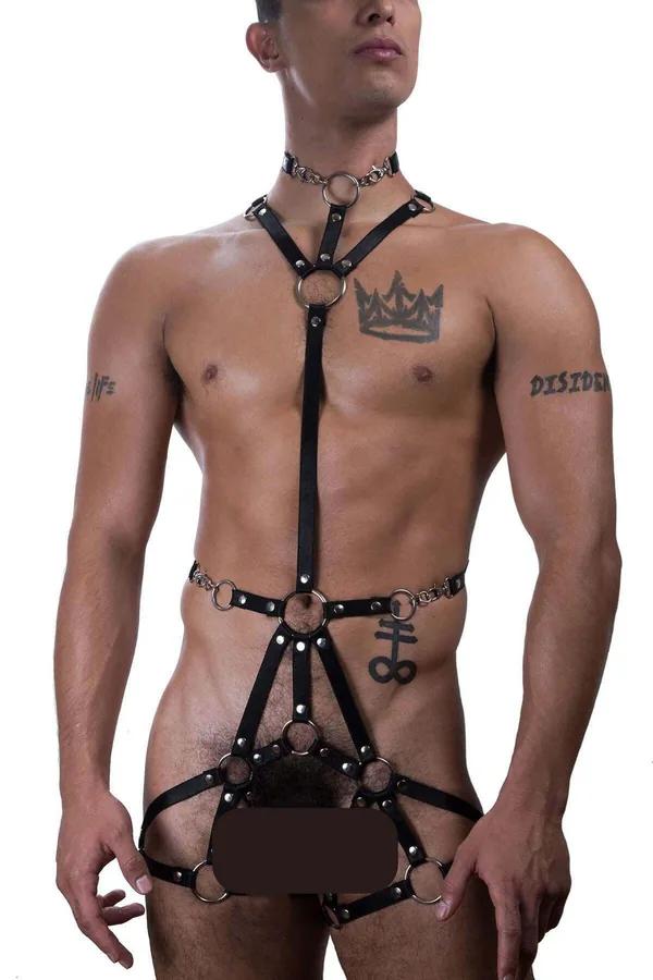 siyah elastik lastik erkek body harness gümüş O-halka ve zincir choker detaylı tam vücut tasarım