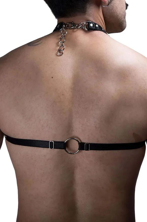 Siyah vegan deri erkek göğüs harness gümüş zincir ve dome perçin detaylı O-halka aksesuarı