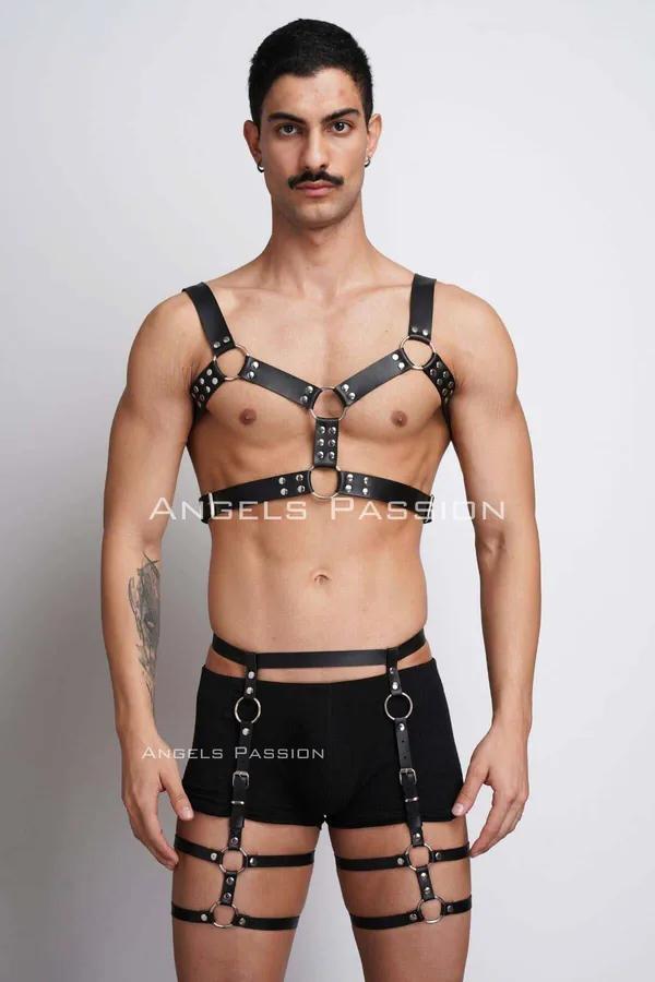 erkek siyah vegan deri göğüs harness ve bacak harness takımı gümüş O-halka perçin detaylı