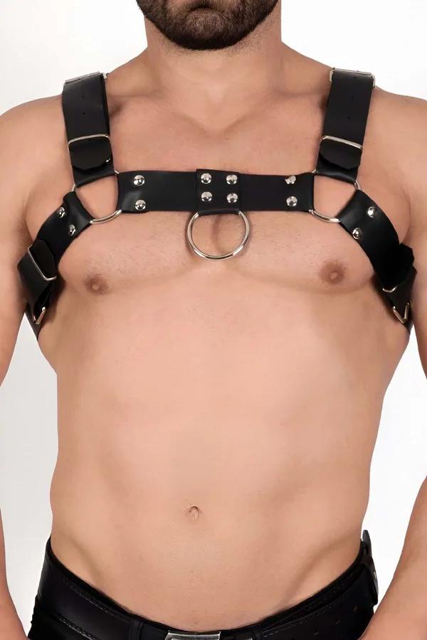 siyah vegan deri erkek göğüs harness gümüş O-halka ve metal perçin detaylı clubwear