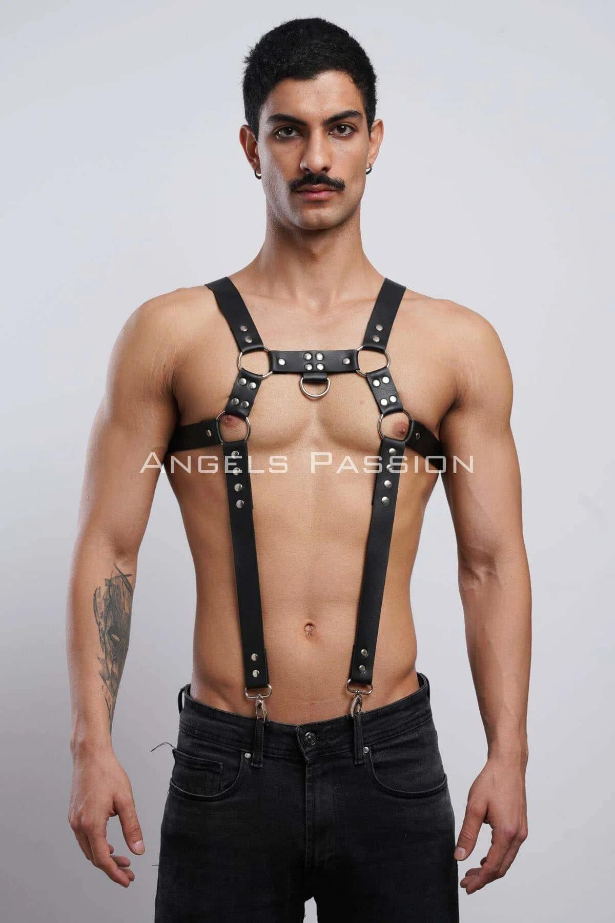siyah vegan deri erkek göğüs harness gümüş O-ring ve D-ring pantolon askısı clubwear