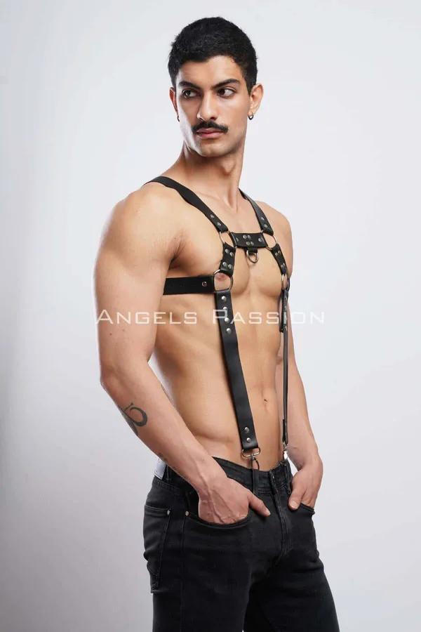 siyah vegan deri erkek göğüs harness gümüş O-ring ve D-ring pantolon askısı clubwear