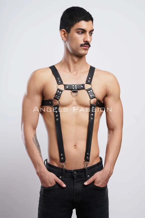 siyah vegan deri erkek göğüs harness gümüş O-ring ve D-ring pantolon askısı clubwear