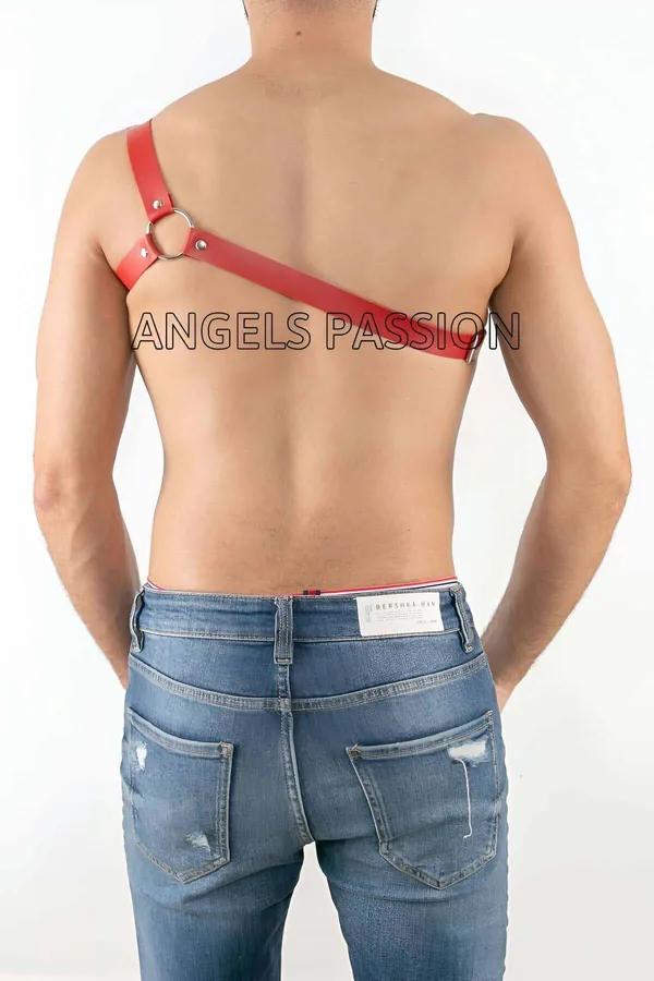 kırmızı suni deri tek omuz erkek harness gümüş O-ring toka çapraz göğüs bandı