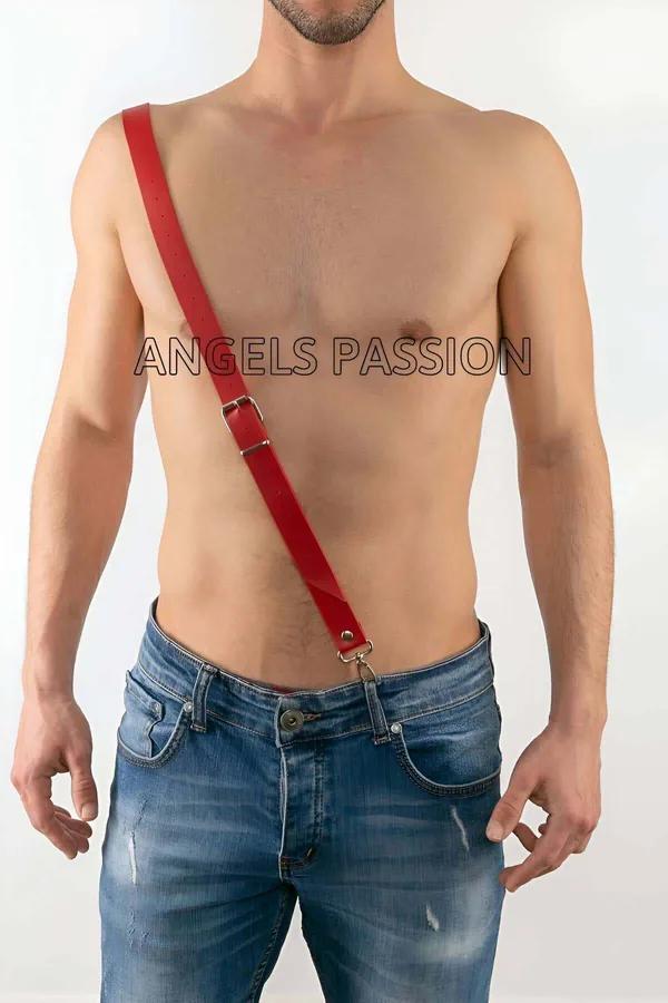 kırmızı suni deri çapraz erkek göğüs harness gümüş toka ve çengel kanca tek bant