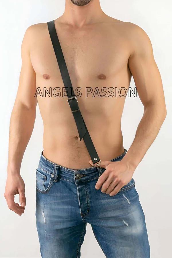 siyah suni deri çapraz erkek harness omuzdan kalçaya diagonal şerit rose gold toka pantolona klipsli