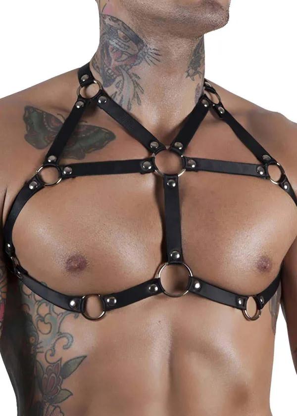 siyah vegan deri erkek göğüs harness gümüş O-halka ve perçin detayı çok bantlı tasarım
