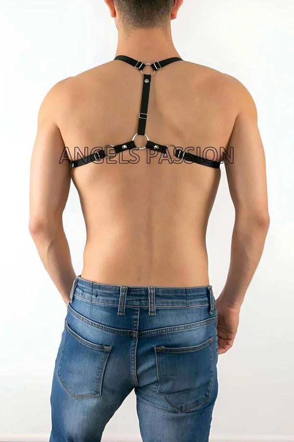 Erkek üst harness siyah vegan deri bant neon sarı lastik kordon gümüş O-ring detaylı