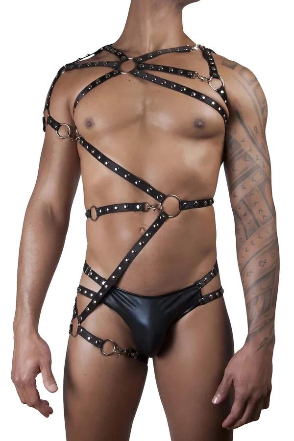 siyah vegan deri erkek full body harness altın O-halkalar ve gümüş perçinler göğüs bel uyluk bantları