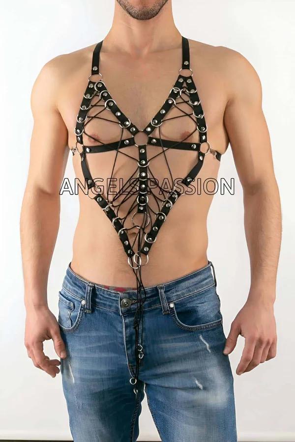 siyah lastik erkek harness geometrik yıldız desen gümüş O-ring perçin göğüs üzeri