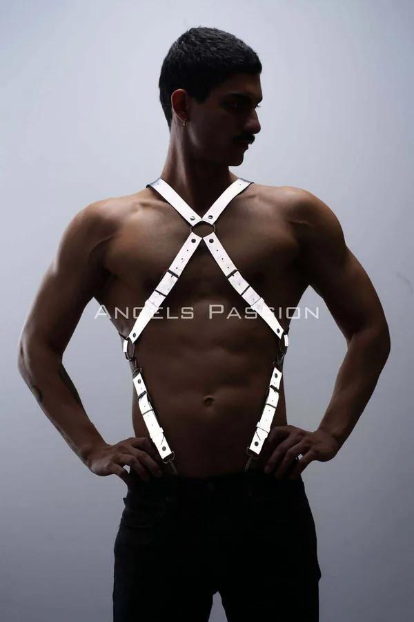 reflektörlü beyaz göğüs harness X-kesim pantolon askısı erkek clubwear metal tokalı
