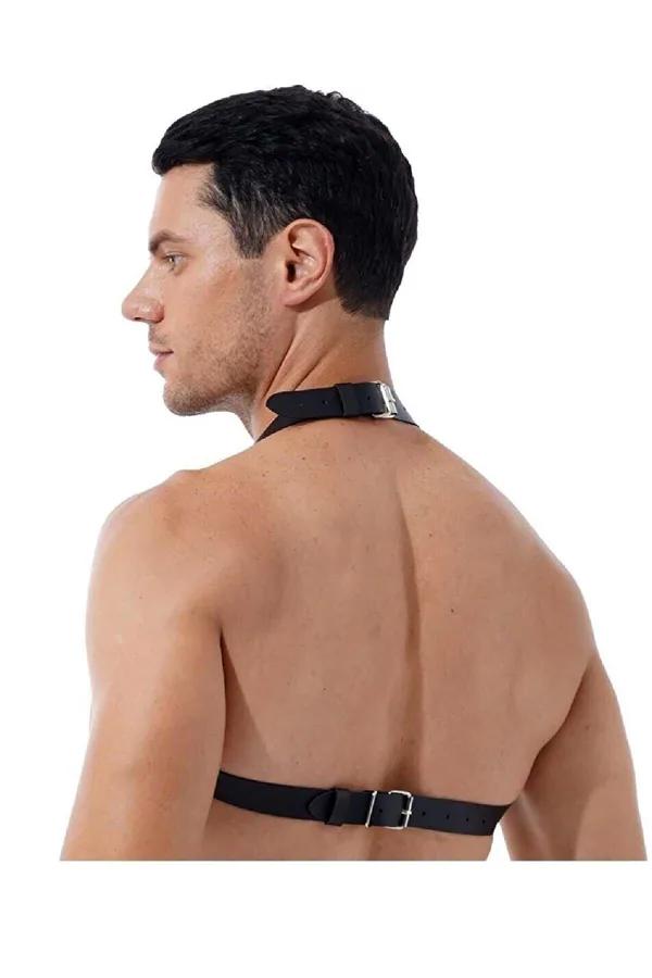 zincirli erkek göğüs harness siyah vegan deri gümüş metal O-ring detay