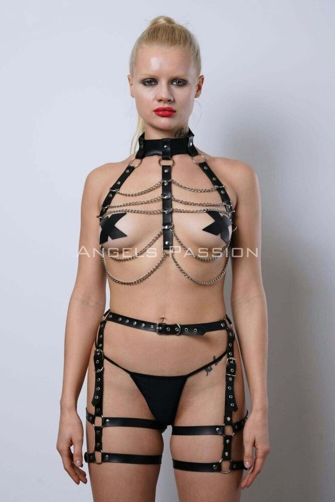 Chain Detailed Leather Garter Harness Set, Leather Chain Fancy Set - PNT1262 - 3