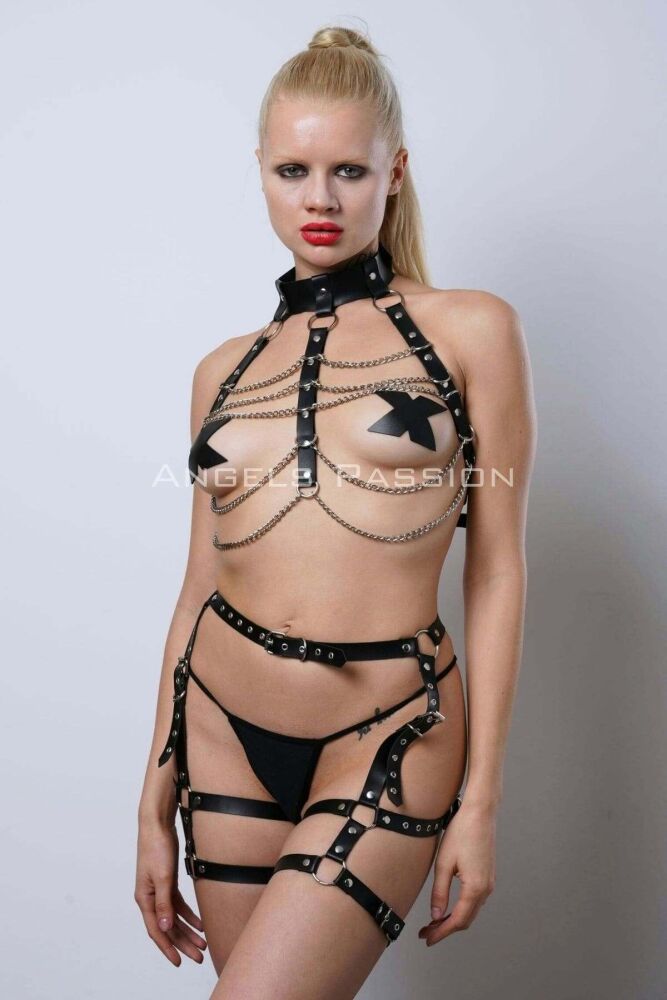 Chain Detailed Leather Garter Harness Set, Leather Chain Fancy Set - PNT1262 - 4