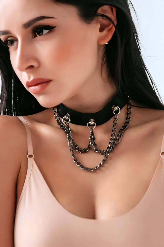 Chain Leather Necklace, Chain Choker, Leash Harness - PNT1071 - 1