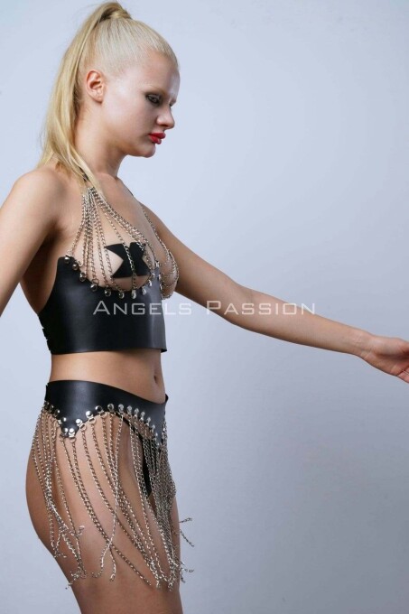 Chained Bustier Skirt Set, Stylish Leather Skirt and Bustier - PNT994 - 6