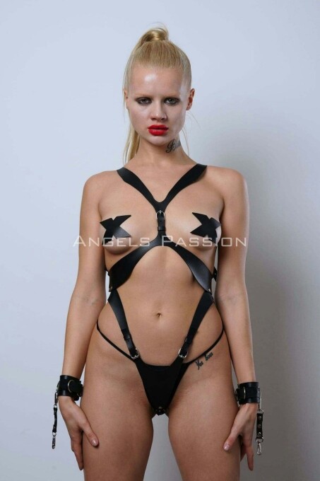 Cuffed Full Body Harness Set, Leather Fantasy Underwear, Women's Underwear - PNT1102 - 7
