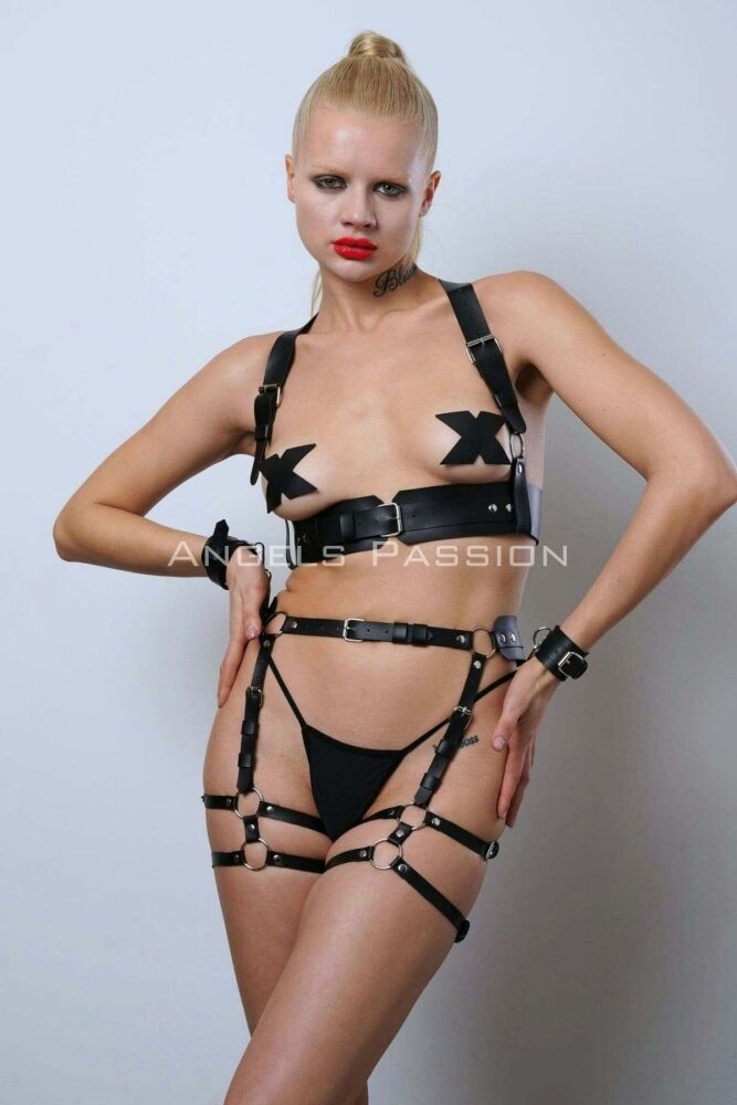 Cuffed Leather Fancy Clothing, Leather Women's Underwear, Women's Underwear Leather Harness Set - PNT1016 - 9