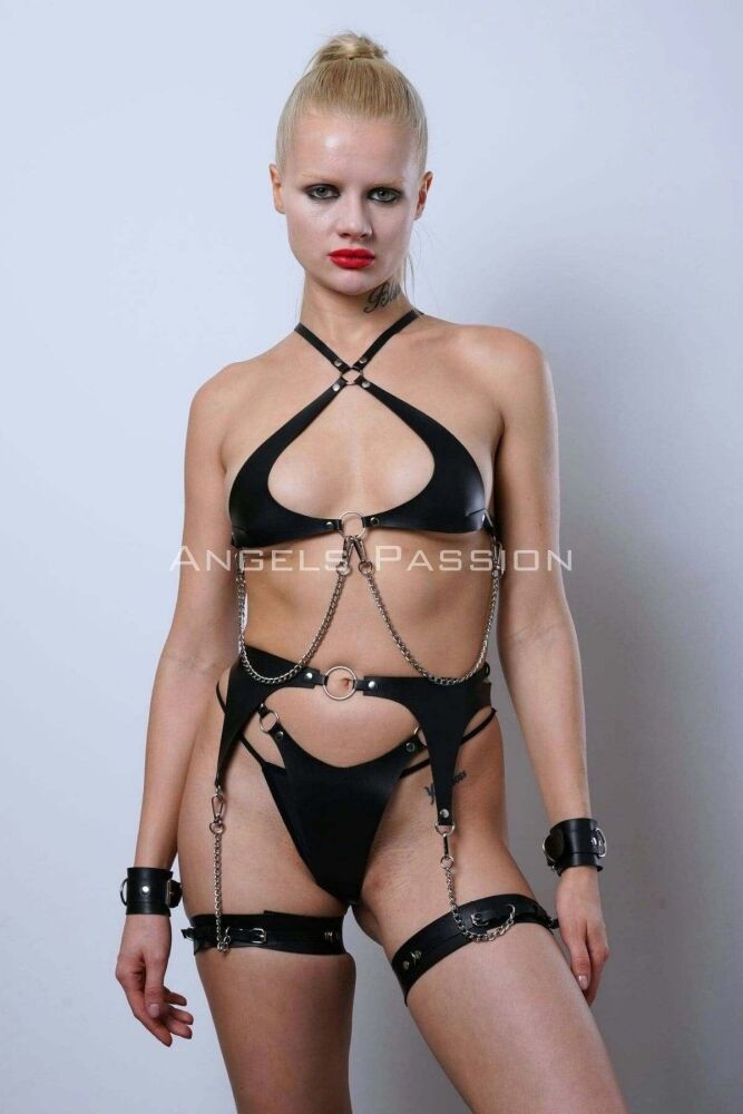 Leather Garter Set, Stylish Fancy Set with Chain Detail, Leather Underwear - PNT1219 - 3