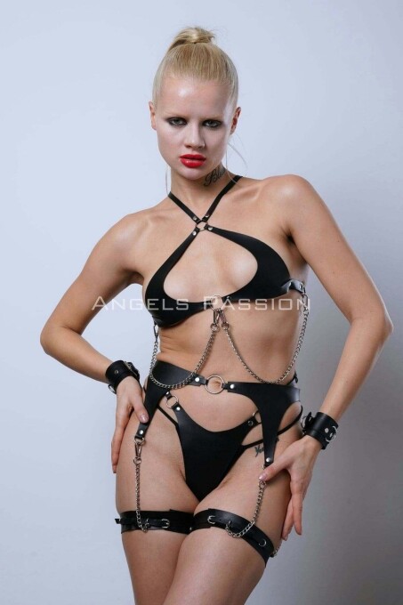 Leather Garter Set, Stylish Fancy Set with Chain Detail, Leather Underwear - PNT1219 - 4