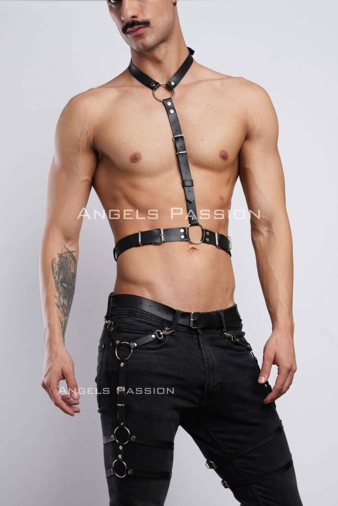 Men's Garter and Chest Harness, Leather Men's Leg Harness, Leather Chest Harness, Partywear, Clubwear - PNTM202 - 3