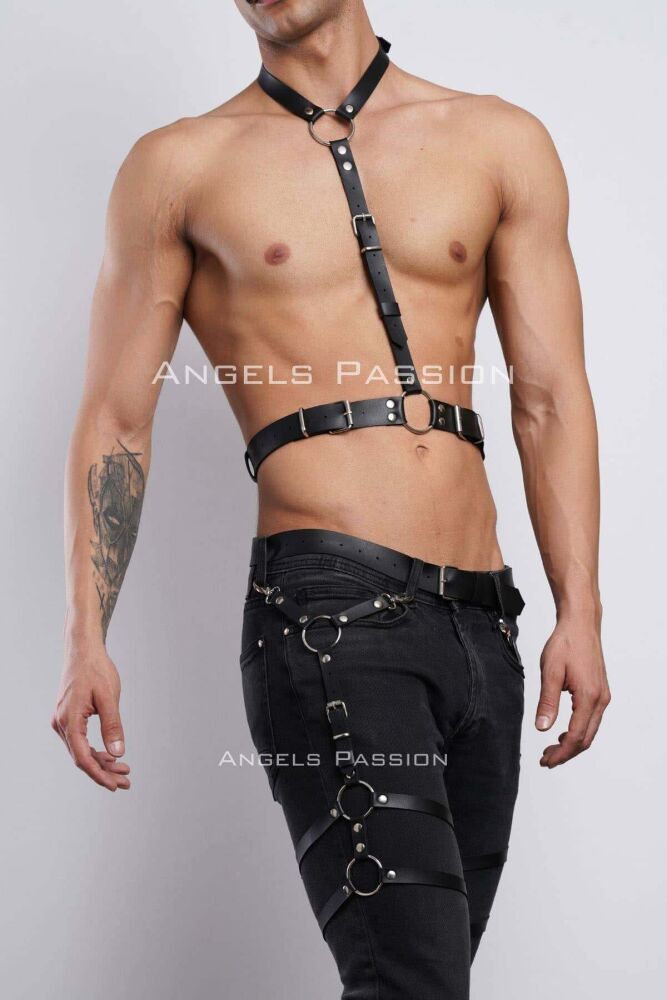 Men's Garter and Chest Harness, Leather Men's Leg Harness, Leather Chest Harness, Partywear, Clubwear - PNTM202 - 4