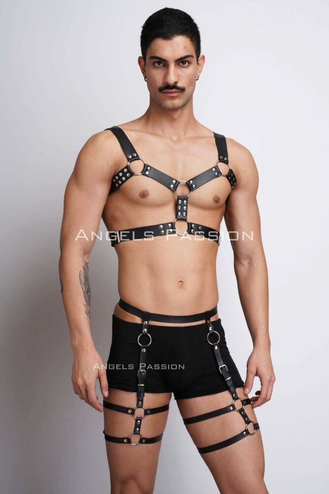 Men's Leather Chest Harness and Leg Harness Set - PNTM195 - 6