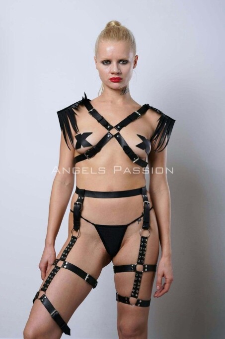 Sexy Garter Set with Tassels on the Shoulders, Whip Leather Garter Set - PNT1344 - 2