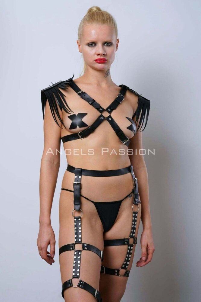 Sexy Garter Set with Tassels on the Shoulders, Whip Leather Garter Set - PNT1344 - 3