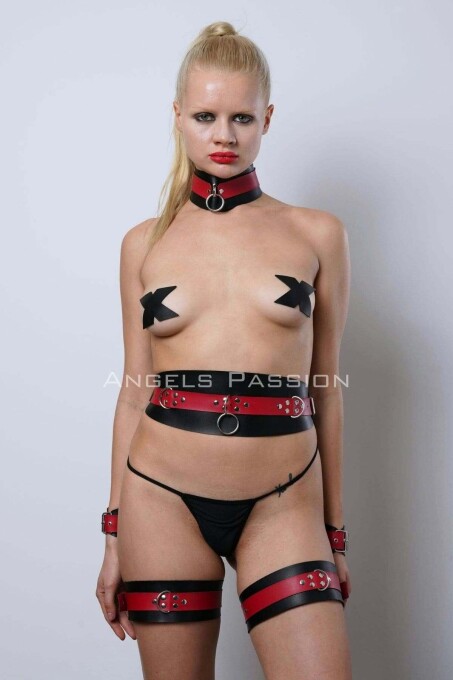 Slave Harness Set, Leather Handcuffed Harness Set, Fancy Harness with Choker Detail - PNT1263 - 2