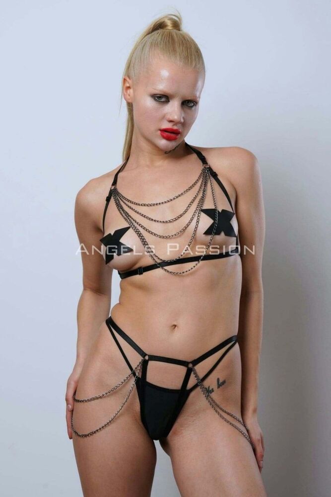 Stylish Rubber Harness Set with Chain Detail, Erotic Fantasy Wear - PNT1065 - 1