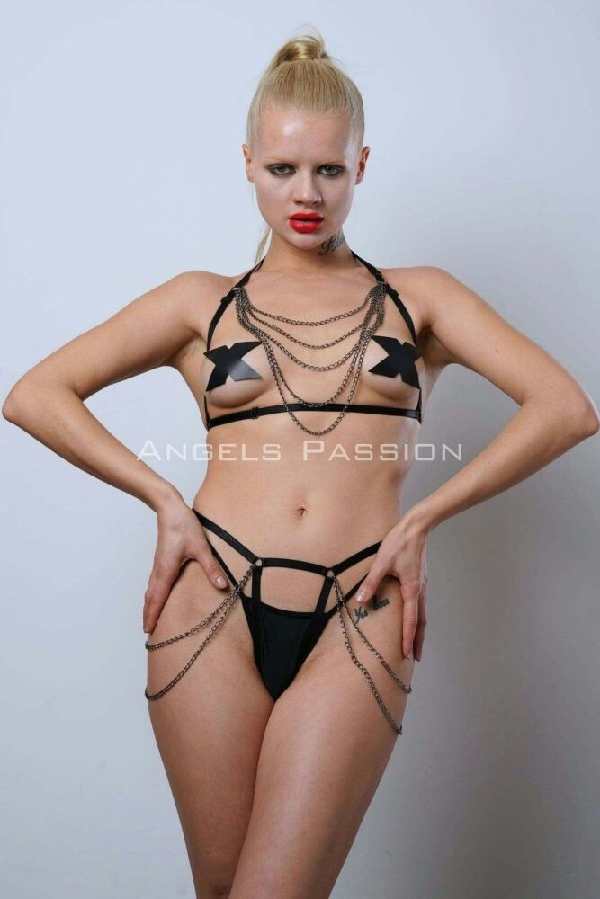 Stylish Rubber Harness Set with Chain Detail, Erotic Fantasy Wear - PNT1065 - 10