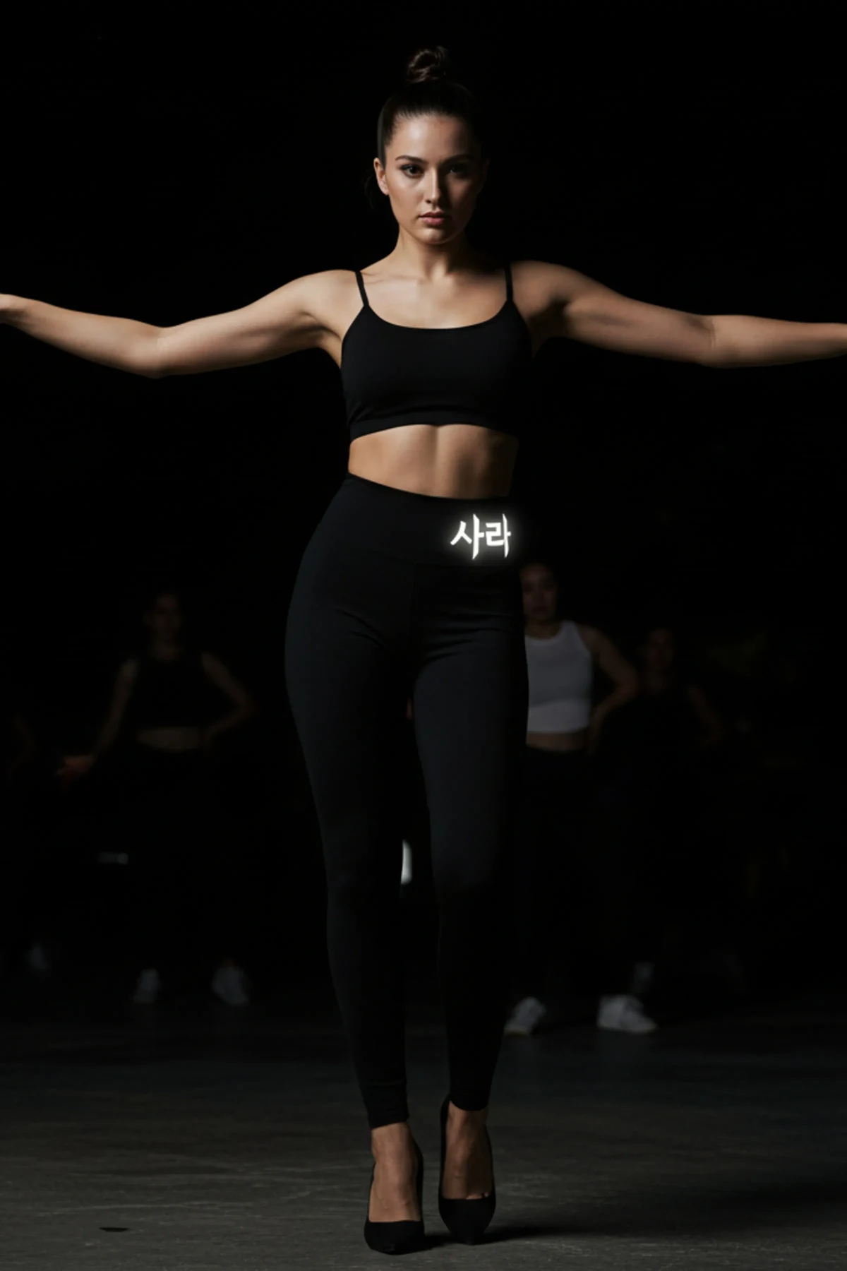 Black high-waisted leggings with white text detail outfit
