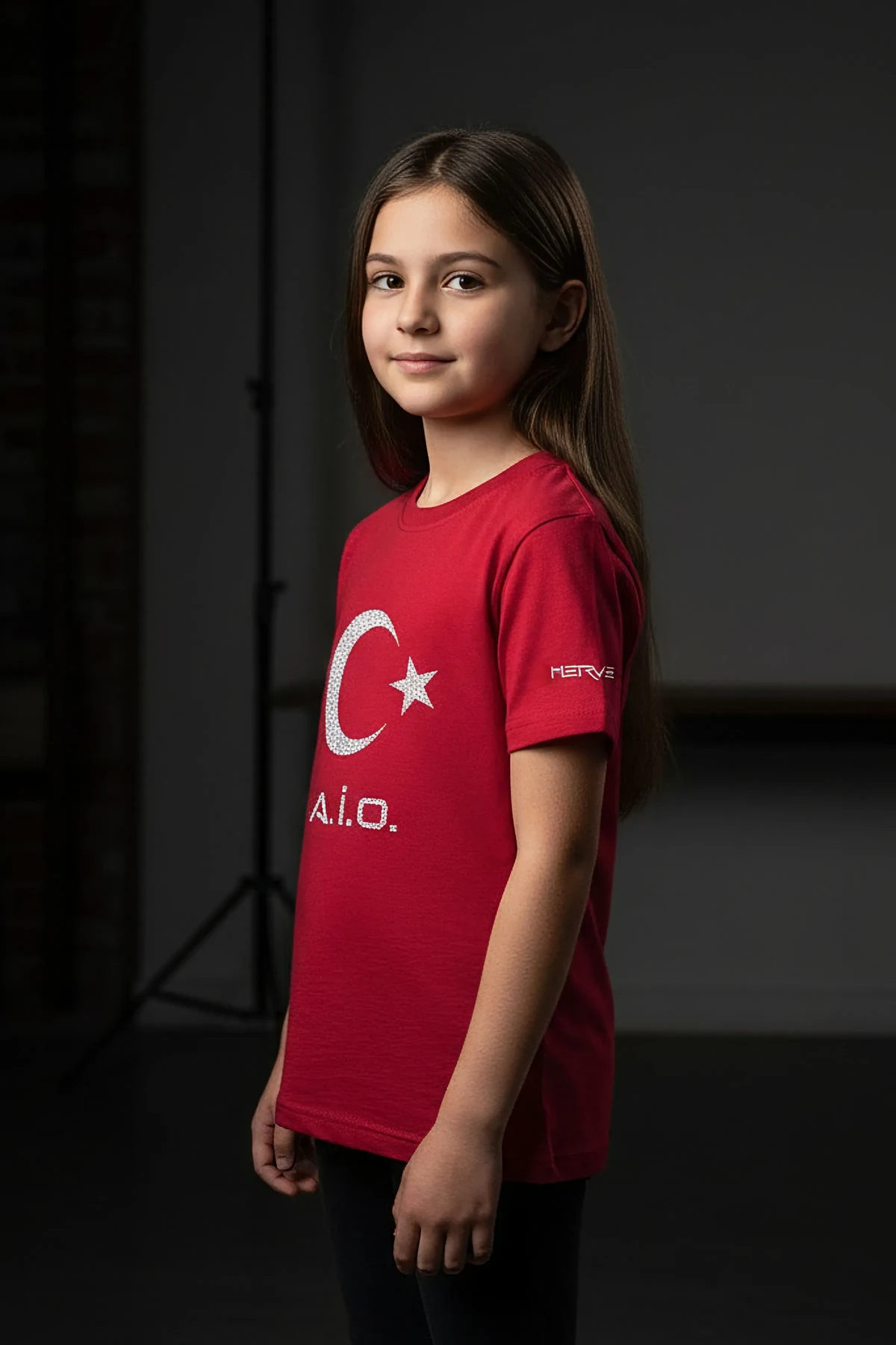Sparkling crescent moon and star red t-shirt front graphic with text