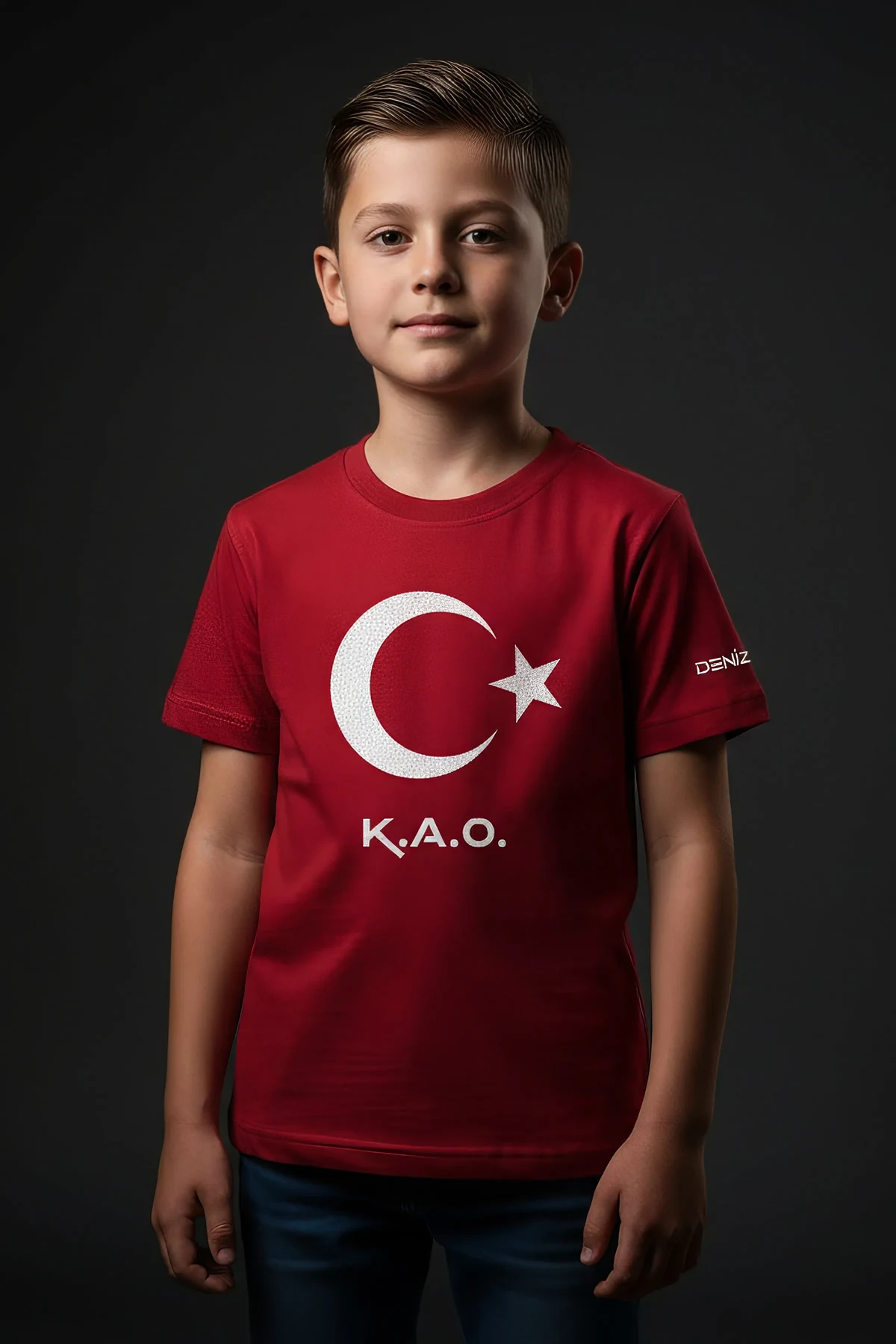 Red moon and star kids tee with DENIZ on sleeve